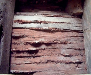 A series of wooden laths are missing from the back of this plaster ceiling.