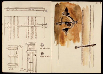 Sketches and watercolour showing a historic door and door furniture
