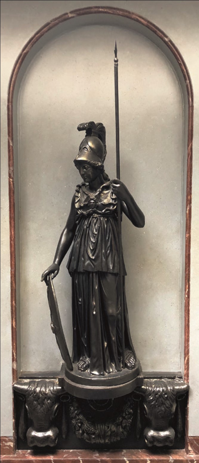A bronze-coloured statue of Minerva