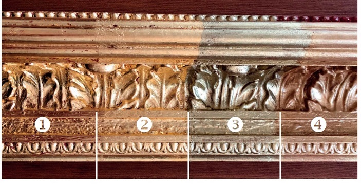 Shows various shades of gold resulting from different gilding techniques