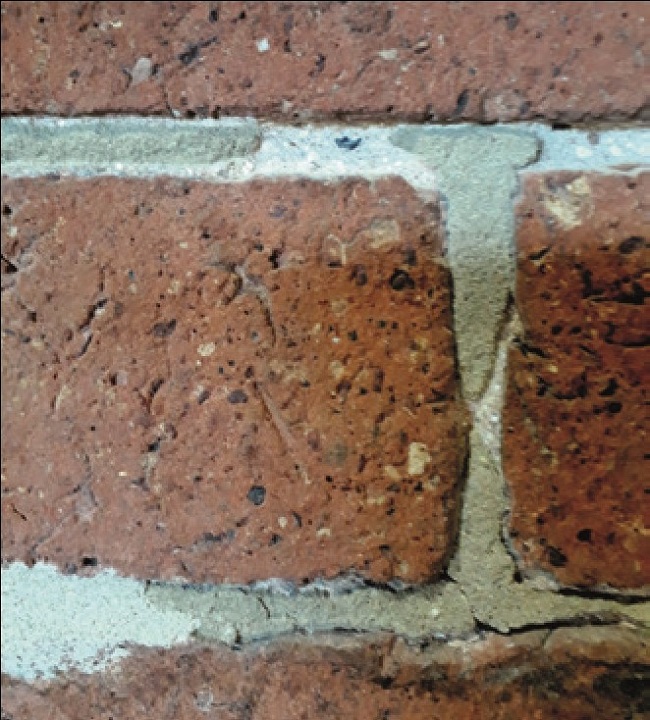 Lime mortar in a brick wall visible iunder cement pointing
