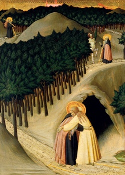 Saint Anthony and Saint Paul embrace at the mouth of a cave