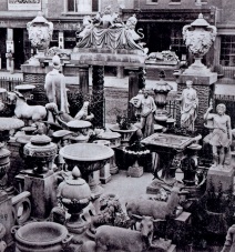 b/w photo of assorted neo-classical garden ornaments