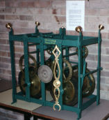 Turret clock movement by Christopher Gould of London, dated 1695. This movement has the trains next to each other in the 'side-by-side' formation, most common from 1670. (Belmont)