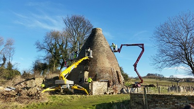Repointing and brickwork repairs are carried out from mobile working platforms at the 19th-century Corbridge bottle kilns site in Northumberland