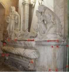 Funerary monument overlaid with red markings showing location of iron fixings, mostly between the plinth, base and upper stages