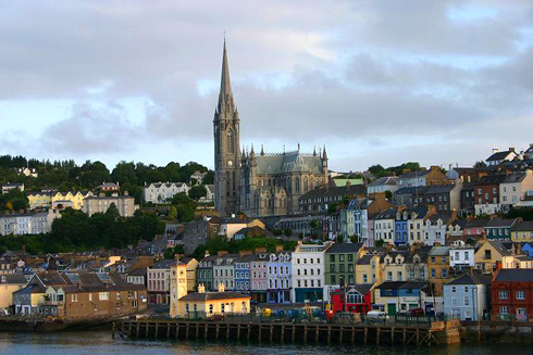 View of St Coleman's Cathedral, Cobh with waterfront in foreground