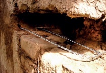 A pair of metal tie rods run lengthwise through a long cavity following the courses of clay blocks