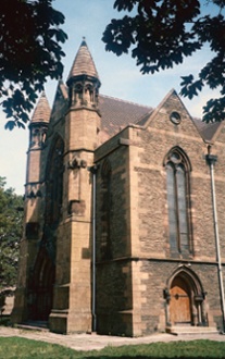 Exterior of St Paul, Grangetown with twin turrets framing the west front