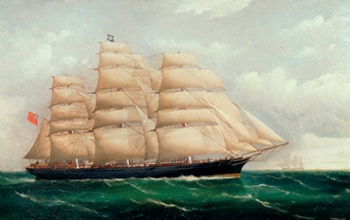 Oil painting showing the Cutty Sark at sea under full sail