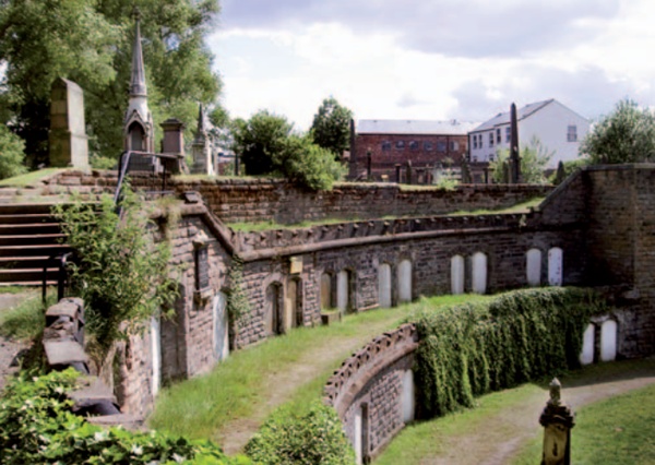 Terraced sandstone catacombs at Warstone Lane Cemetery, Birmingham