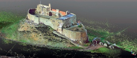 Point cloud of castle perched on rocky outcrop