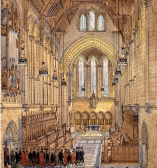 Intricately detailed sketch/watercolour showing dignitaries filing into - and dwarfed by - the chapel's majestic interior