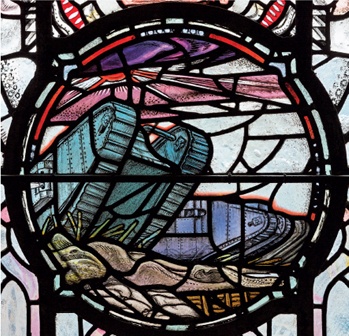 Detail of a stained glass window showing WWI tanks advancing towards a revetted trench 