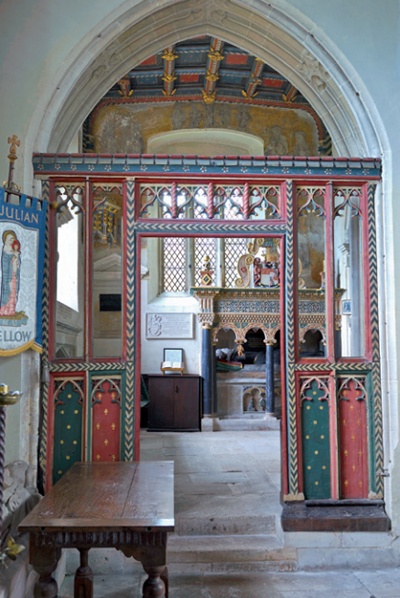 Bright colours and elaborate patterns adorn the Hungerford Chapel, St Julian's, Wellow