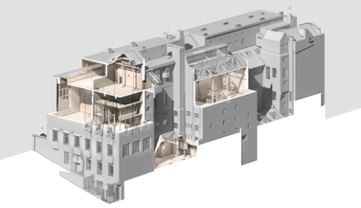 BIM model of Glasgow School of Art with cutaway to show elements of interior