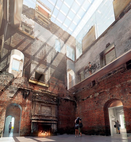 Computer-generated image showing the interior of Clandon Park with a visitor walkway at first floor level and glazed roof flooding the interior with light