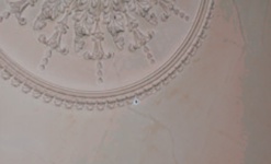 Sprinkler head fitted near edge of plaster ceiling rose