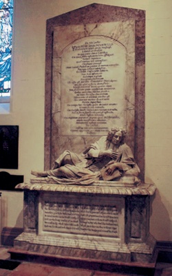 The Drelincourt monument, which shows the dean recumbent atop a sarcophagus with a tall slab of marble behind