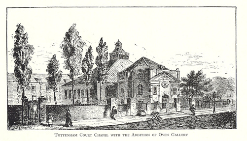 Engraving of Tottenham Court Road tabernacle and its surroundings