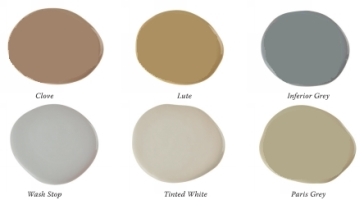 Samples of the 'common colours': clove, lute, inferior grey, wash stop, tinted white and Paris grey