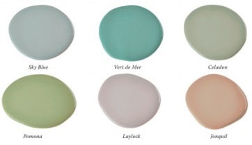 Samples of the George III colours: sky blue, vert de mer, celadon, pomona, laylock and jonquil