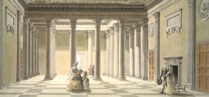 Historic illustration showing a large, high-ceilinged hall with a colonnaded area in the background