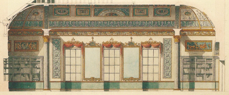Original illustration showing proposed decorative scheme principally in gold and blue-green