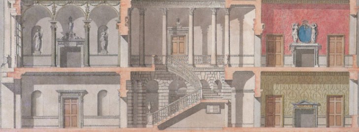 Cross section illustration of first and second floor rooms in a Georgian villa