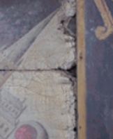 Detail of Kirklington hatchment showing localised detachment of canvas from frame