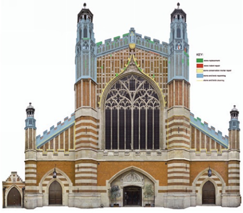 Rectified image of the west front incorporating colour-coded repair guide