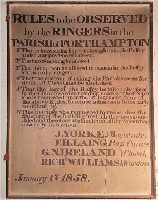 Plaque illustrating the laws for bell-ringers in 1858