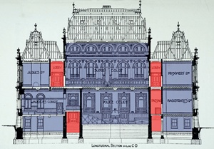 Architectural elevation drawing of a courthouse with the building's fire compartments colour highlighted