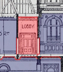 Magnified detail of title illustration with red lines showing openings, voids, etc through which fire could reach adjoining building compartments