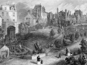 B/w illustration showing visitors in the graveyard and the towering terraced houses that surrounded it