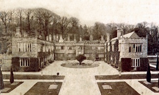 B/w photo of Lanhydrock facade and ornamental gardens in 1881