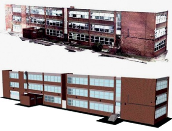 Point cloud and surface model images of typical modern school building