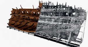 Combined point cloud and surface model of the Mary Rose providing detailed view of its internal timberwork