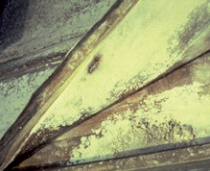 Lead sheet damaged by underside corrosion