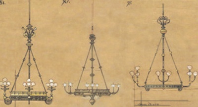 Original design drawings showing three pendant gasoliers in similar styles