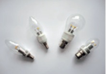 Four types of LED lamp with the yellow/orange chips clearly visible inside the bulbs