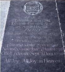 Garrard family ledger stone: the inscription concludes with the line 'All Joy, All Joy in Heaven'