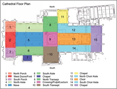 Floor plan of cathedral divided into 15 colour coded zones