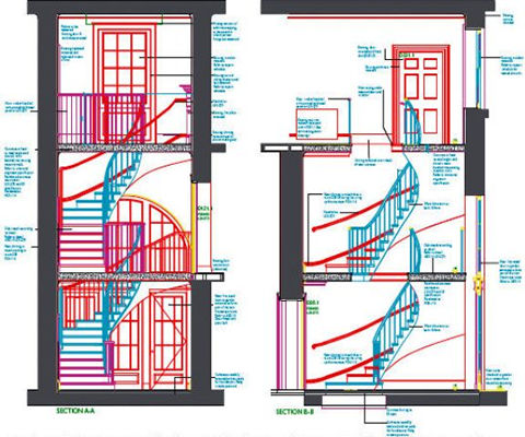 CAD drawings of proposed new staircase at Fulham Palace