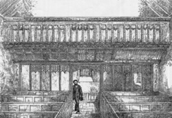 B/w pencil drawing showing screen, loft and pews with male figure about to pass through the screen's archway