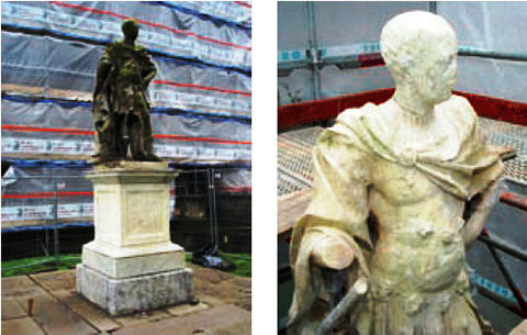 Monument to Thomas Wentworth before and after cleaning and consolidation