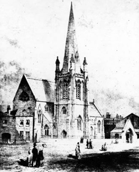 B/w illustration of the exterior and environs of St Philip’s Church, Wellington Street, Leeds in 1845