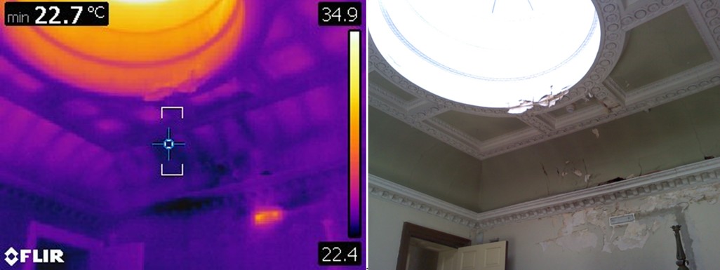 Thermal camera image and visible spectrum image of cone of damp from defective parapet gutter