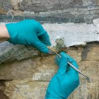 Close-up showing conservator's gloved hands working on the mosaic surface