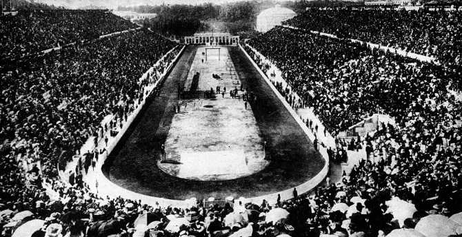 B/w photograph of The Panathenian Stadium filled with spectators